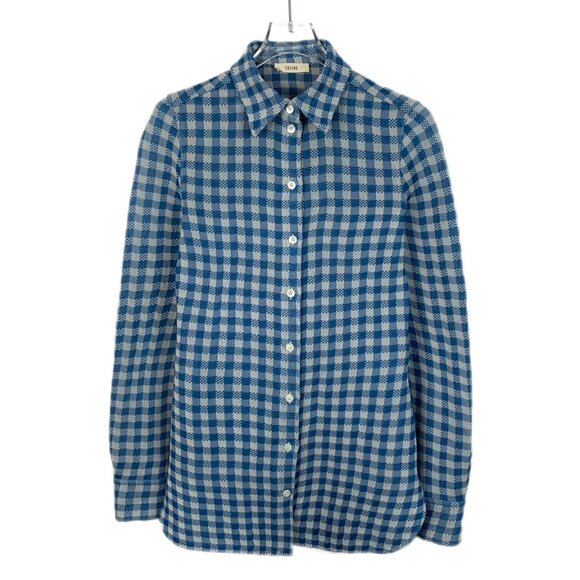 Celine Blue Checkered Silk Long-Sleeve Shirt - Picture 1 of 8